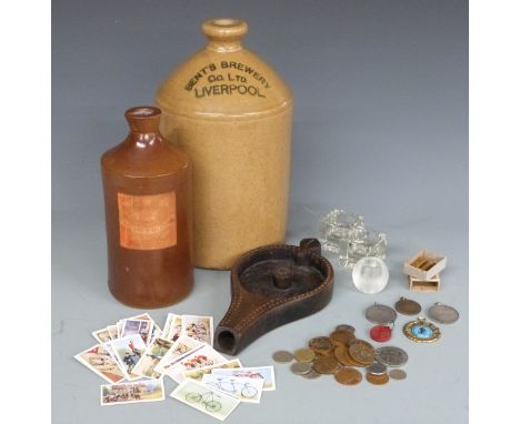 Bent's Brewery Co Ltd, Liverpool stone bottle (34cm tall), Walker's Scarlet ink stone bottle (25cm tall), glass salts, matchs