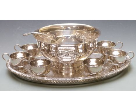 Plated punch bowl, ladle and cups om galleried tray, width 55cm