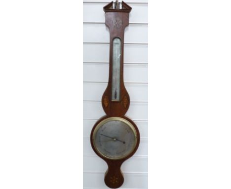 Cattelli &amp; Co, Hereford Georgian wheel barometer with silvered dial and thermometer scale, the case with inlaid decoratio