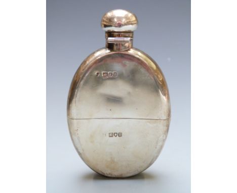 Hallmarked silver oval spirit flask with pull off cup and bayonet cap, London 1915, maker likely George Neal and George Neal,