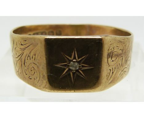 A 9ct gold signet ring set with a diamond, 3g (size R)