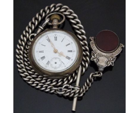 Continental keyless winding open faced pocket watch with inset subsidiary seconds dial, pierced gold hands, black Roman numer