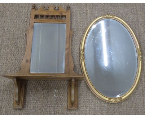 Two bevelled edge mirrors, one pine with shelf below, height 96cm