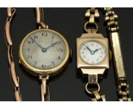Two ladies wristwatches comprising one 18ct with blued hands and black Arabic numerals, on 9ct gold expanding bracelet, the o