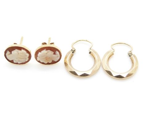 A pair of 9ct gold earrings and a pair of 18ct gold studs set with cameos