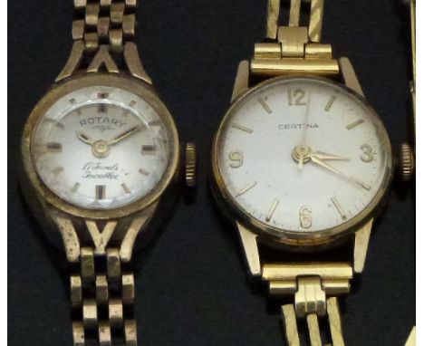 Two 9ct gold ladies wristwatches Rotary with gold and black hands and baton markers, silver dial and 17 jewel movement, on 9c