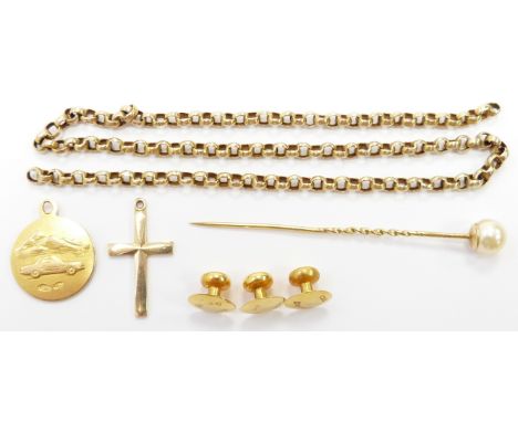 An 18ct gold St Christopher pendant (2.7g), three 9ct gold studs, 9ct gold stick pin, a chain and 9ct gold cross, 4.4g
