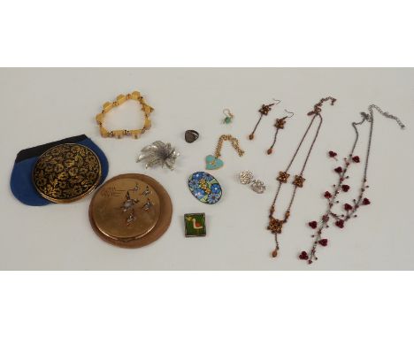 A collection of costume jewellery including a silver and enamel brooch, Exquisite brooch, silver ring, silver earrings, compa