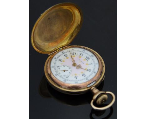 Elgin gold plated keyless winding full hunter pocket watch with inset subsidiary seconds dial, pierced gold hands, black Arab