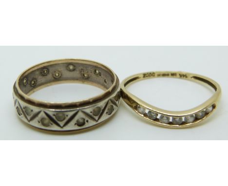 A 14ct gold ring set with cubic zirconia (size P) and a silver and 9ct gold eternity ring (size N)