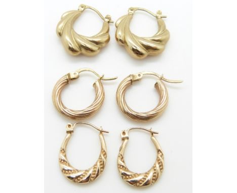 Three pairs of 9ct gold hoop earrings, 3.3g