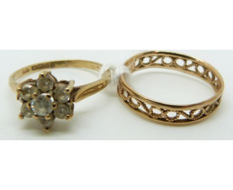 A 9ct gold ring set with cubic zirconia and another 9ct gold ring, 2.6g