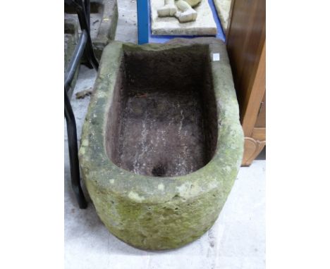 D end carved natural stone trough, L72 x W42 x D28cm