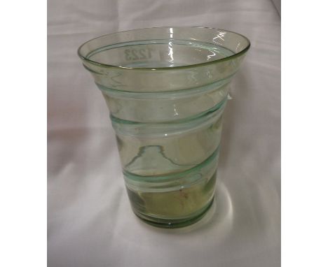 A small 1930's Whitefriars vase of bucket form with dark green ribbon trail decoration on a light green ground