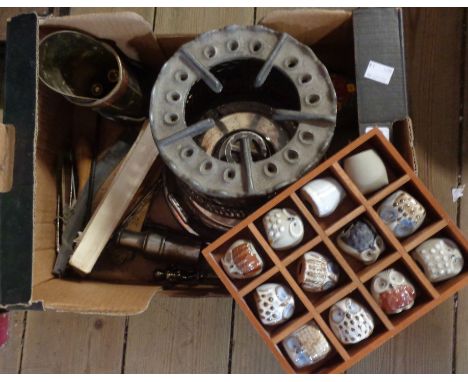 A box containing a chromed metal spirit burner, an alpine style souvenir cow bell and a small cased set of ceramic owl orname