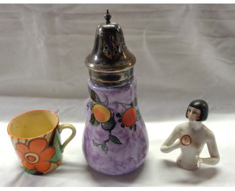 A Clarice Cliff hand painted coffee can, with floral decoration - sold with a Newport Pottery lustre decorated sugar sifter a