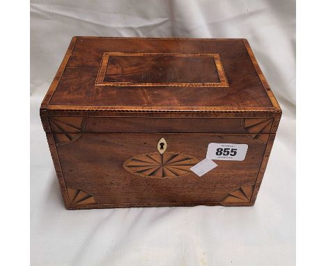 A 19th Century mahogany and strung tea caddy with inlaid fan decoration, the interior with two lidded compartments and origin