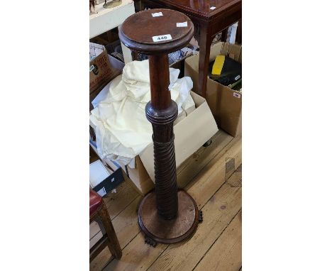 An old mahogany jardinière stand, set on an acanthus barley twist pillar - from a tester bed post, with circular base