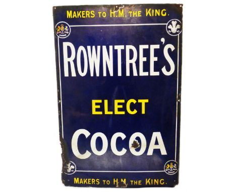 A vintage 'Rowntree's Elect Cocoa' enamel sign with yellow and white lettering on a blue ground