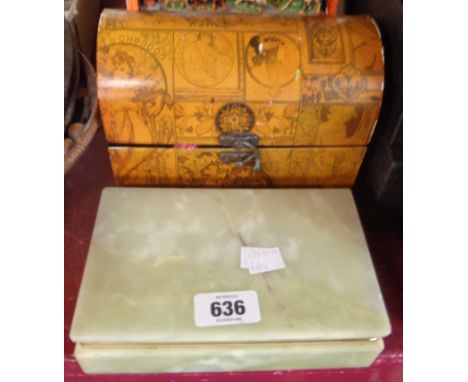 A modern dome-top box with decoupage finish containing a quantity of sewing items - sold with an onyx box containing a brass 