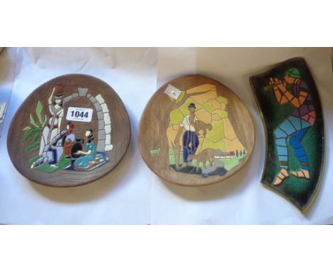 A pair of Keramos Israel pottery plaques with enamelled mosaic style decoration - sold with a similar brass and enamel plaque