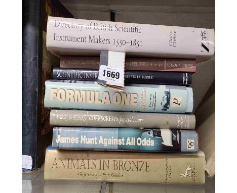 A small collection of glossy hardback scientific instrument and corkscrew reference books, also two Formula 1 interest titles