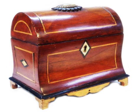 A 19th Century mahogany and strung tea caddy of dome-top sarcophagus form with mother-of-pearl inlay and two removable lift-t
