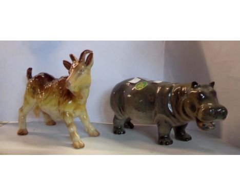 Two Melba Ware animal figurines comprising a hippopotamus and a goat