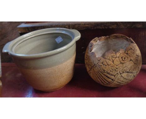 A slab built Studio Pottery vase of globe form with abstract decoration - sold with a David Leach jar (no lid)