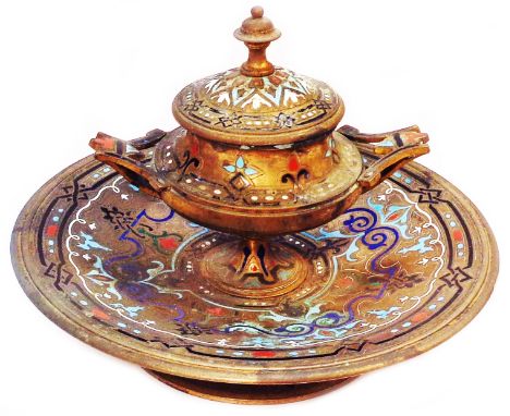 A Champleve cloisonne enamel and brass inkwell with ceramic blue and white liner - sold with an old brass temple lamp