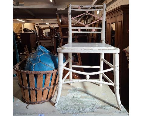 An antique simulated bamboo framed standard chair with decorative back and later painted finish - sold with a blue leather up