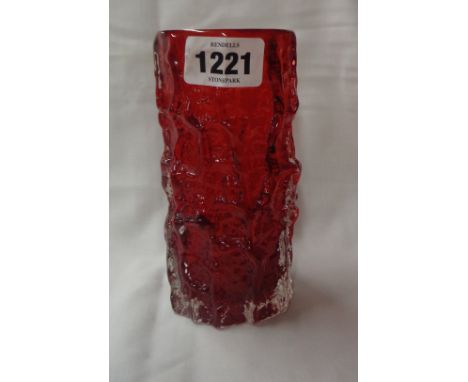 A small 1970's Whitefriars 'Bark' pattern vase of cylindrical form, in the ruby colourway