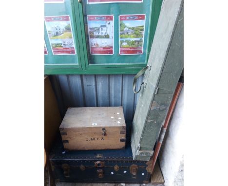 A small old pine box and a transit trunk by Victor Luggage - sold with three cases and a green military storage box