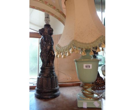 A vintage plaster figural table lamp with black painted finish - sold with a ceramic table lamp
