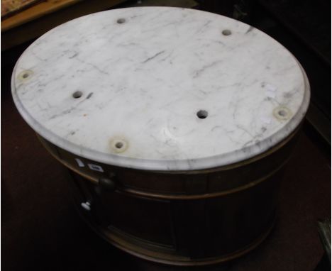 A 73cm Victorian mahogany drinks cabinet of oval form with marble top (superstructure missing), single drawer and cupboard un