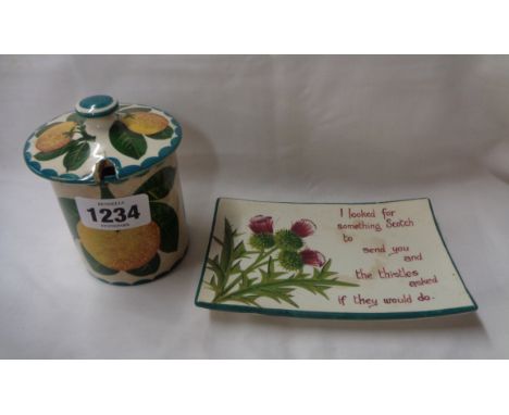 A small 19th Century Wemyss Pottery tray with hand painted thistle and rhyme decoration - sold with a similar jam pot with ha
