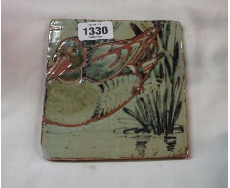 A Colin Kellam Studio Pottery tile with incised decoration, depicting a duck