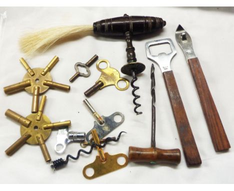 A bag containing a quantity of collectable items including antique corkscrew with turned wood handle, two vintage Playboy bot