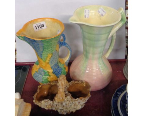 A SylvaC Art Deco jug - sold with similar hand painted example and 19th Century ceramic basket with applied gravel effect dec