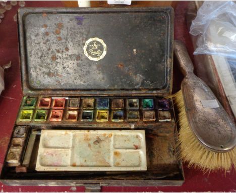 A Reeves &amp; Sons artist's paint box with ceramic paint pots and in a black Japanned box (condition poor) - sold with a whi