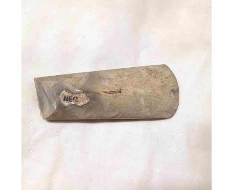 A prehistoric stone axe head with handwritten annotation