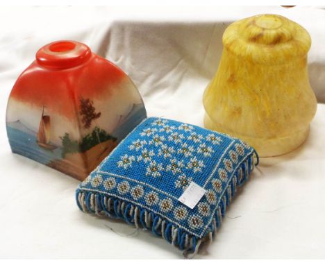 An antique pin cushion with beaded floral decoration - sold with a 1930's glass lamp shade with hand painted decoration and a