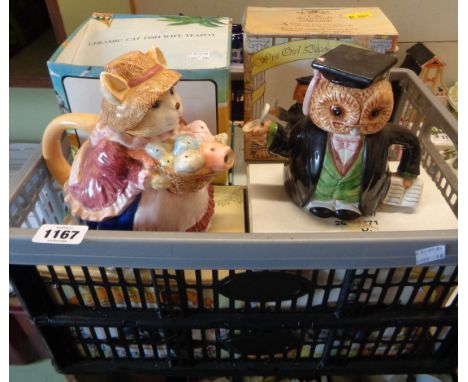 A crate containing a quantity of boxed ceramic teapots including Leonardo and other examples