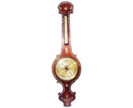 A late Victorian decorative mother-of-pearl inlaid framed banjo barometer/thermometer with silvered dial and mercury tube wor