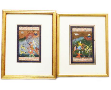 Two gilt framed Mughal watercolour paintings, both depicting deer hunting scenes with text to top and bottom - both 16cm X 10