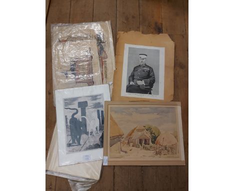 Various unframed pictures including reproduction Egyptian papyrus paintings and a Manet cat print, etc.