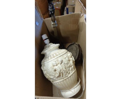 A box containing a Laura Ashley table lamp of candlestick form, a moulded plaster table lamp and an old Vono knife cleaner
