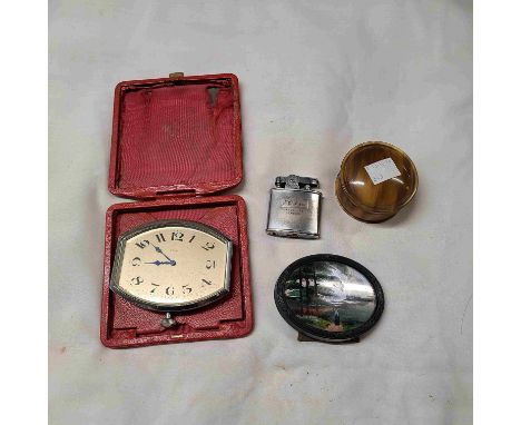 A bag containing a quantity of collectable items including old travelling alarm clock, butterfly wing picture, etc.