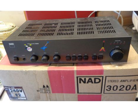 A vintage NAD3020A stereo amplifier, in original box
