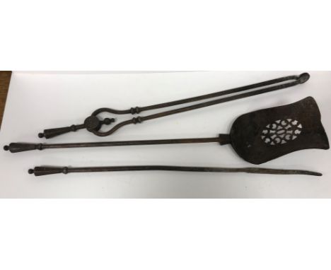 A box of assorted metal ware to include a set of three 19th Century steel fire irons, various light fittings, a pair of fire 
